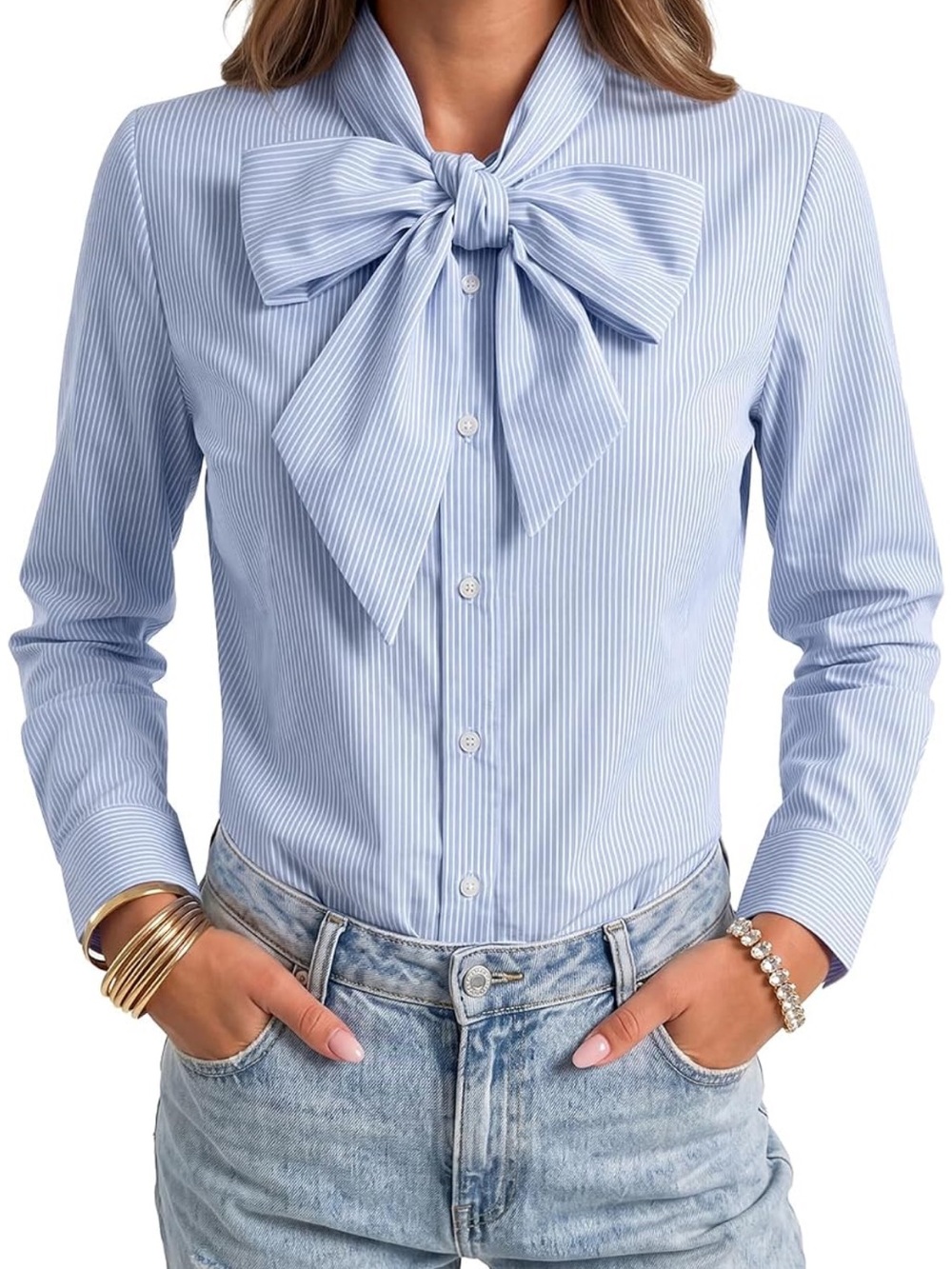 Women’s Light Blue Pinstripe Bow-Tie Button Down Shirt